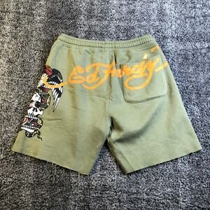 Ed Hardy Shorts Mens 32 Green Tattoo Eagle Snake Skull Graphic Fleece 9" Inseam